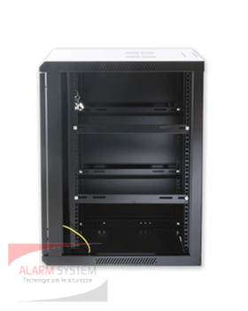 Armadio rack a parete L600 - P450 - H994, RAL9004, 20U, nero, pannelli laterali mobili - vetro 4mm