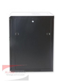 Armadio rack a parete L600 - P450 - H994, RAL9004, 20U, nero, pannelli laterali mobili - vetro 4mm