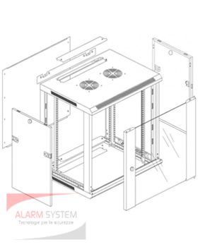 Armadio rack a parete L600 - P450 - H994, RAL9004, 20U, nero, pannelli laterali mobili - vetro 4mm